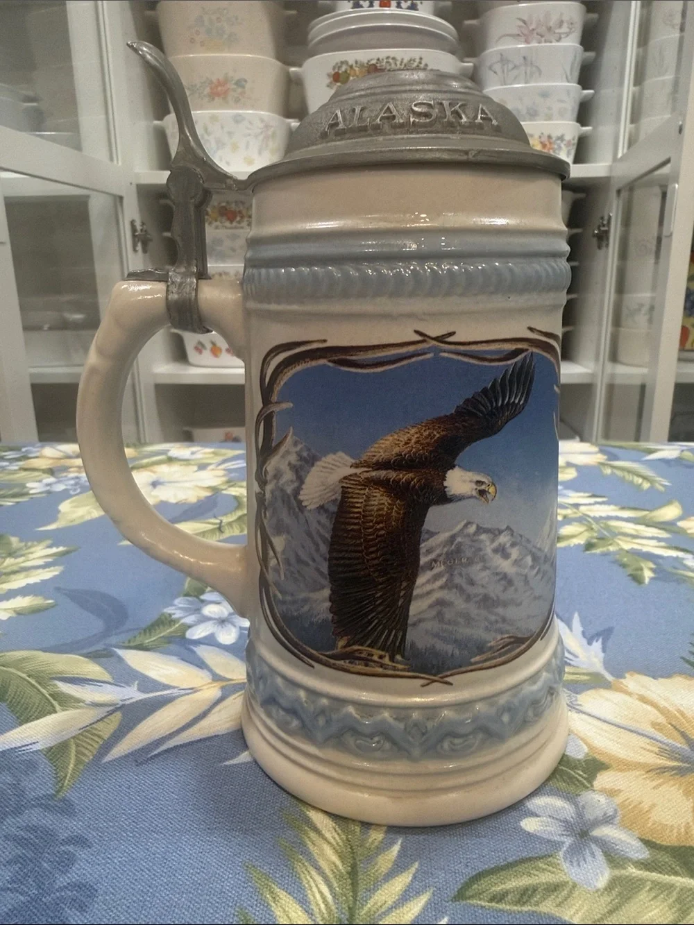 Alaska Ceramic Bald Eagle Beer Stein - Cream and Blue
